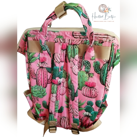 Diaper bag backpack pink catcus thermal bottle storage zipper pockets new - Picture 2 of 6